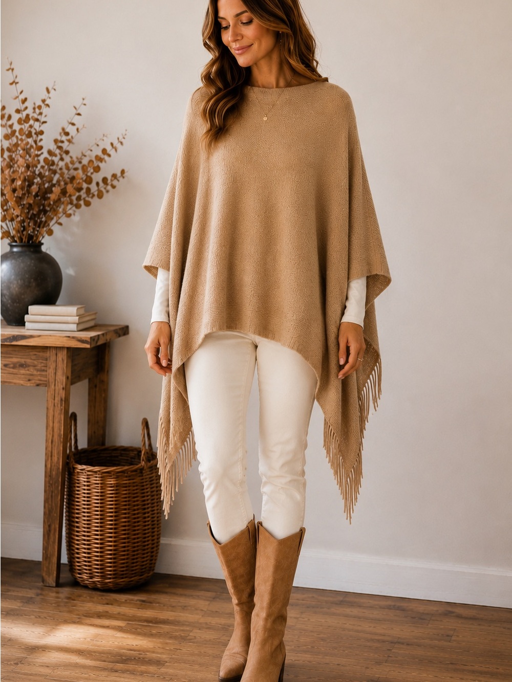 NWT Shiraleah Chicago Rowan Poncho Camel Fringe Boho Fall Cozy Cape One Size